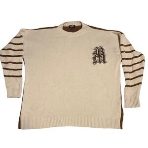 BoohooMAN Mens Oversized Knit‎ Sweater Brown Cream Striped Letter B Streetwear M